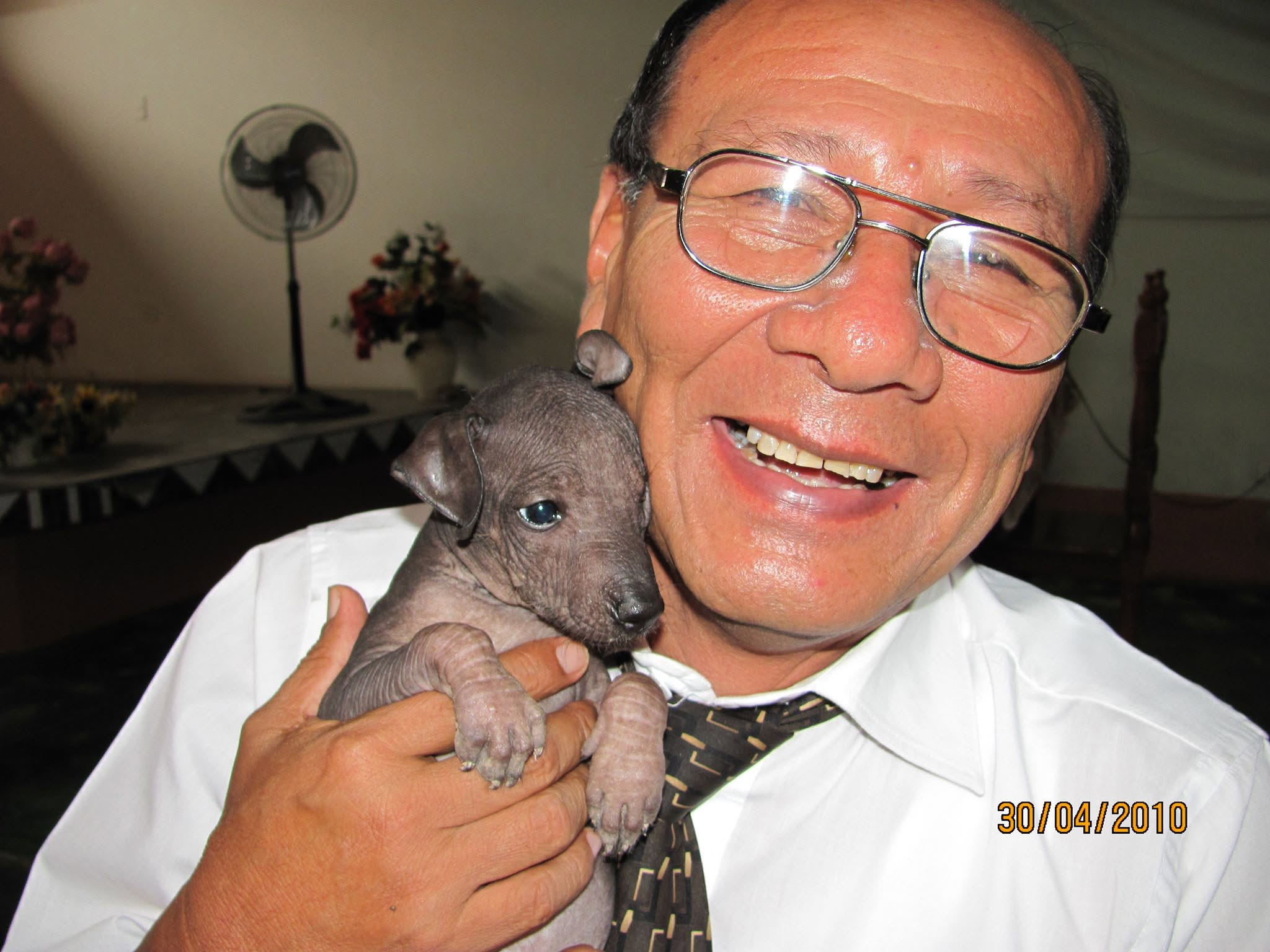 Mario Sabogal sonriente cargando un cachorro de perro sin pelo del Perú